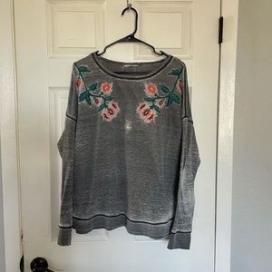 Lucky Brand Gray Floral Embroidered Top